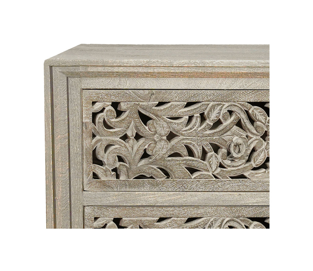 Side view showcasing the spacious drawers of 57-Inch Gray Solid Wood Dresser