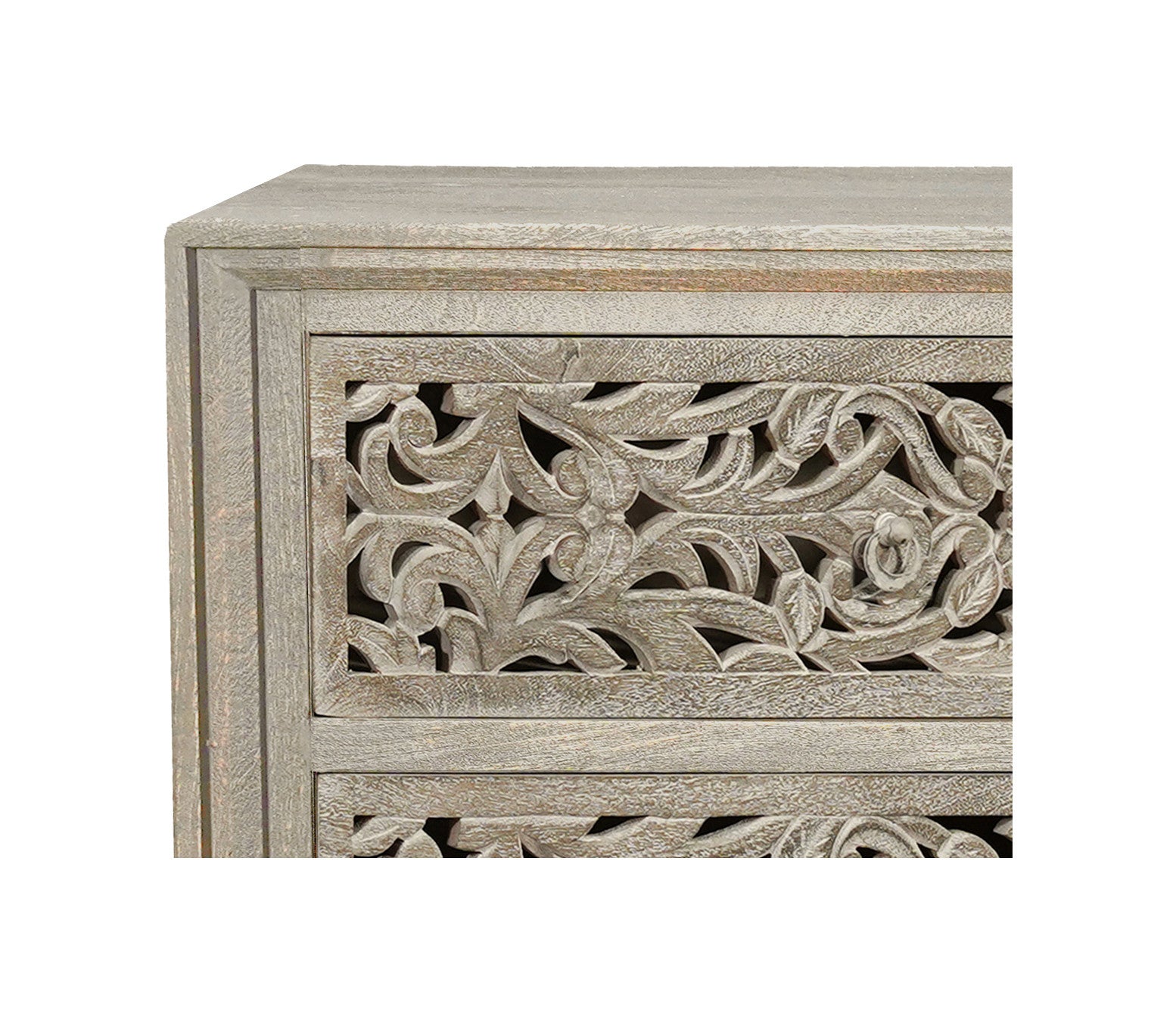 Side view showcasing the spacious drawers of 57-Inch Gray Solid Wood Dresser