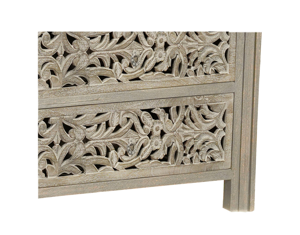 Detail shot of the sturdy construction of 57-Inch Gray Solid Wood Dresser