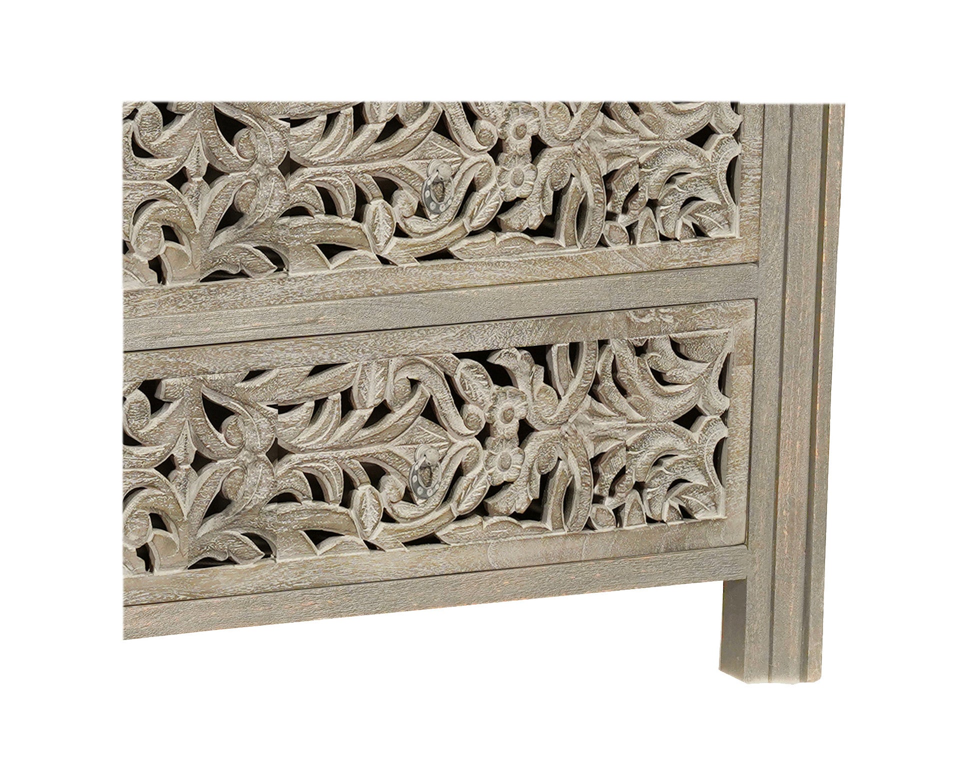 Detail shot of the sturdy construction of 57-Inch Gray Solid Wood Dresser