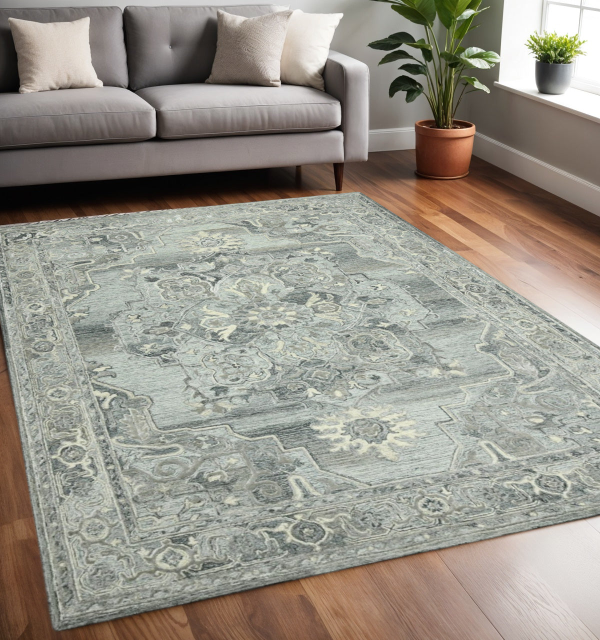 5' X 7' Gray Ivory And Light Blue Wool Oriental Hand Tufted Area Rug