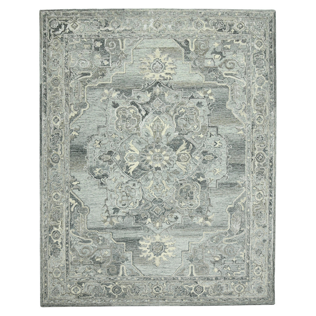 5' X 7' Gray Ivory And Light Blue Wool Oriental Hand Tufted Area Rug