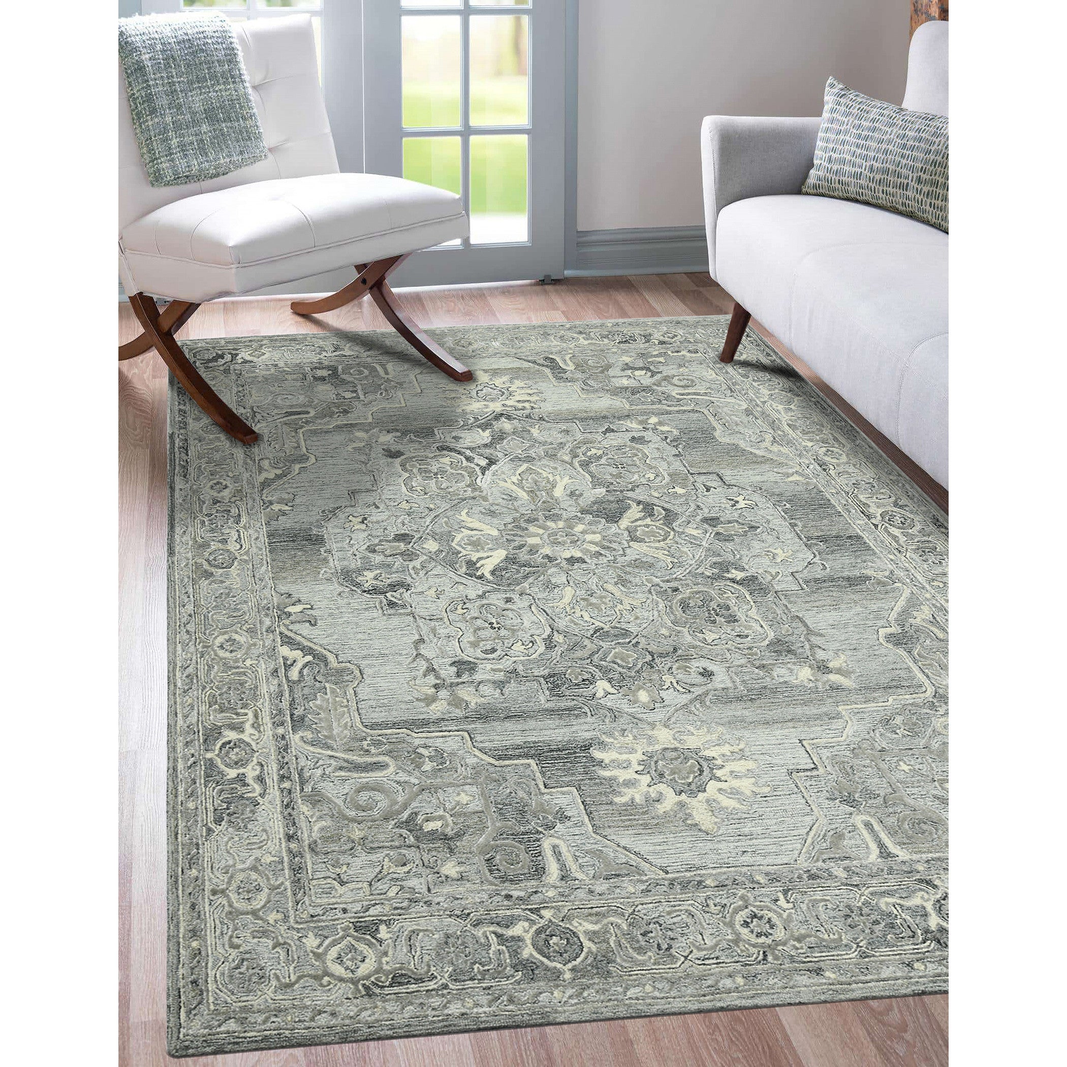 5' X 7' Gray Ivory And Light Blue Wool Oriental Hand Tufted Area Rug