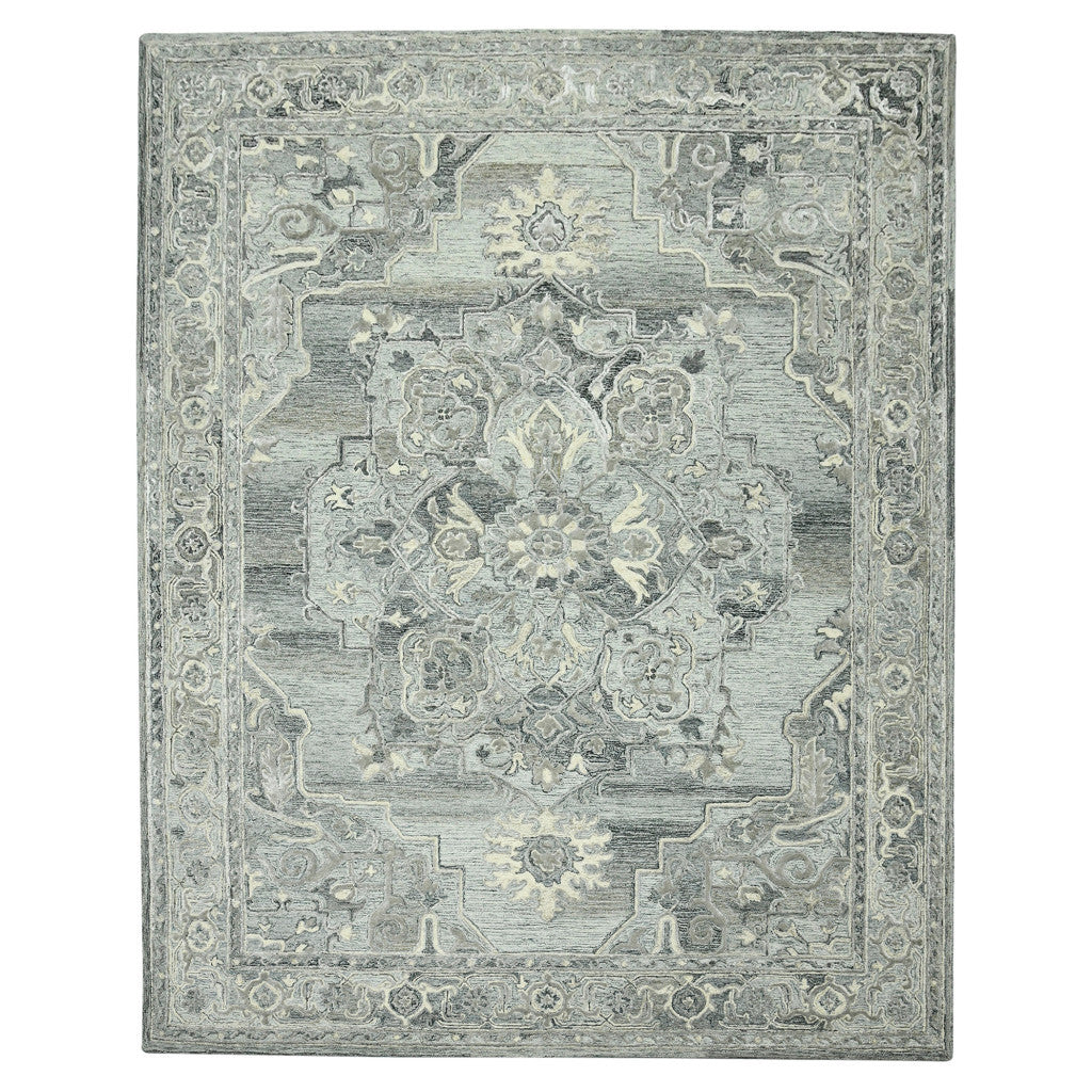 5' X 7' Gray Ivory And Light Blue Wool Oriental Hand Tufted Area Rug
