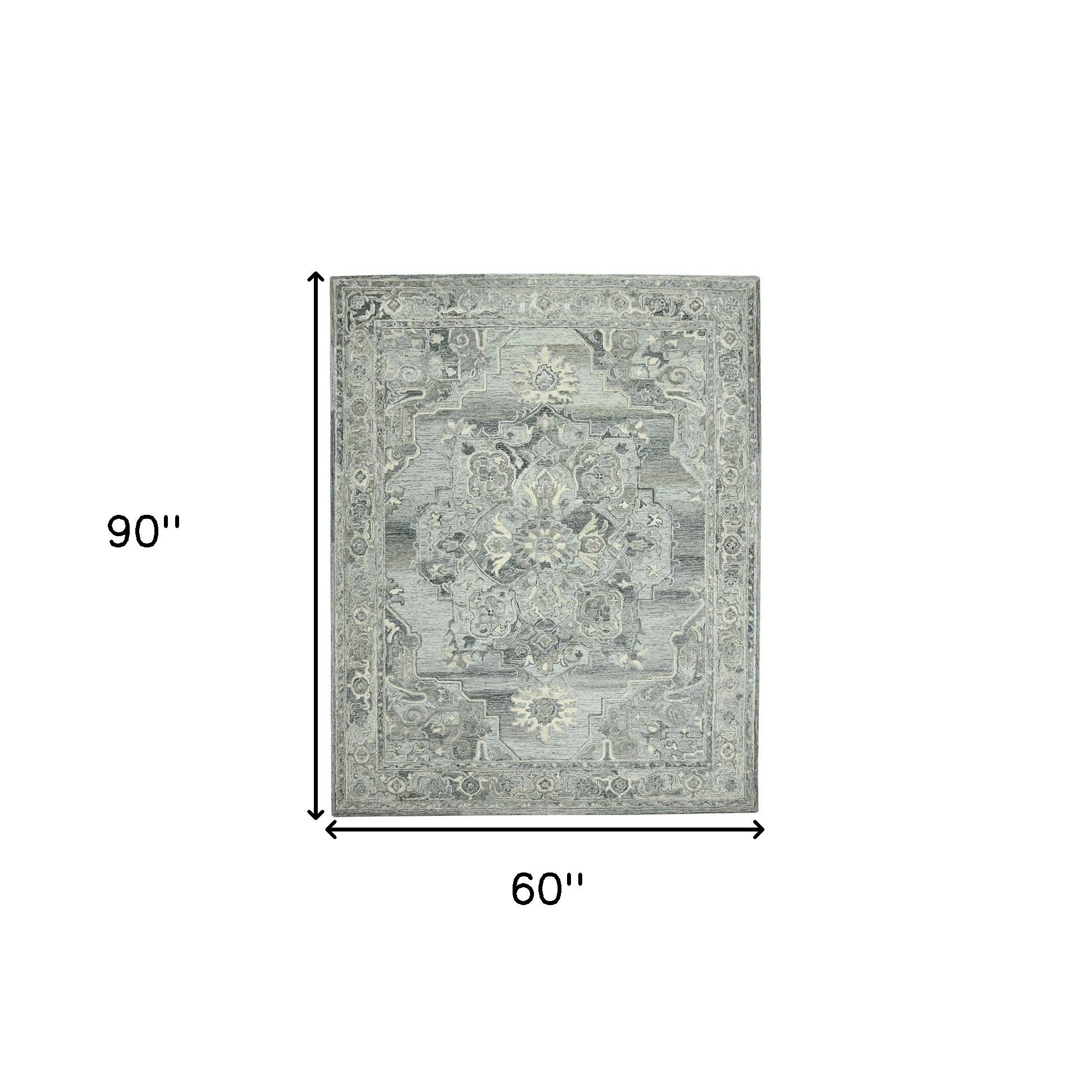 5' X 7' Gray Ivory And Light Blue Wool Oriental Hand Tufted Area Rug