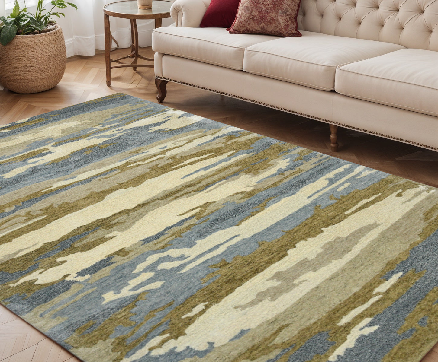 5' X 8' Light Blue Ivory And Brown Wool Abstract Hand Tufted Area Rug