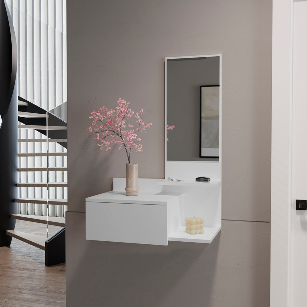 36" White Wood Wall Mounted Accent Cabinet With Drawer And Mirror