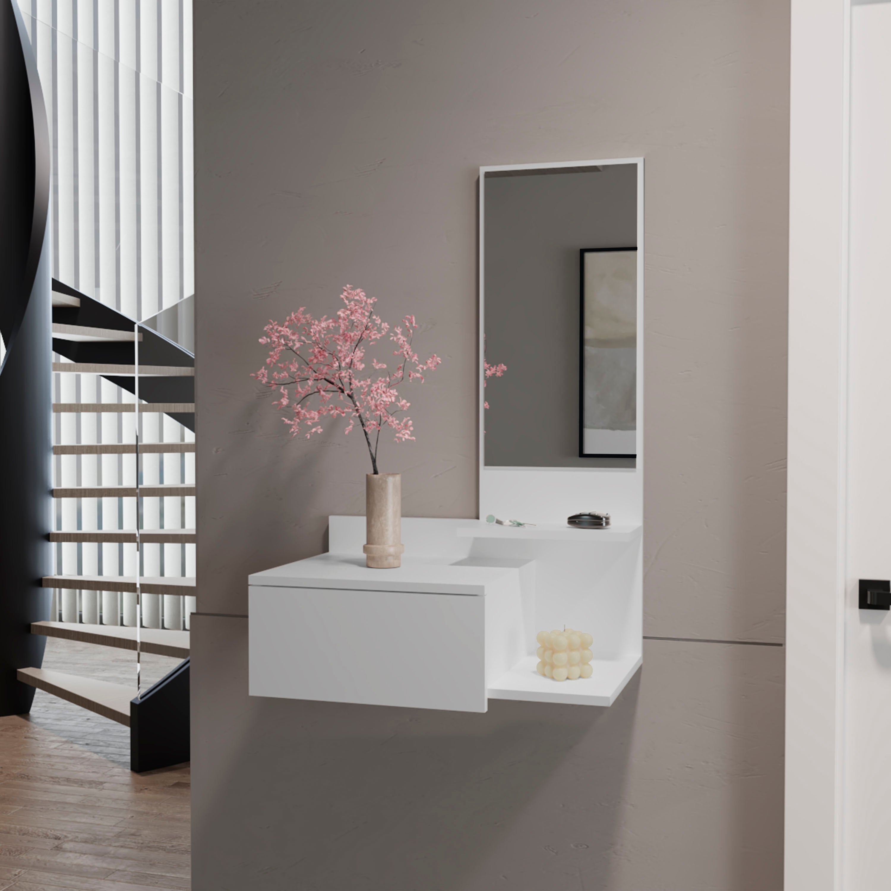 36" White Wood Wall Mounted Accent Cabinet With Drawer And Mirror