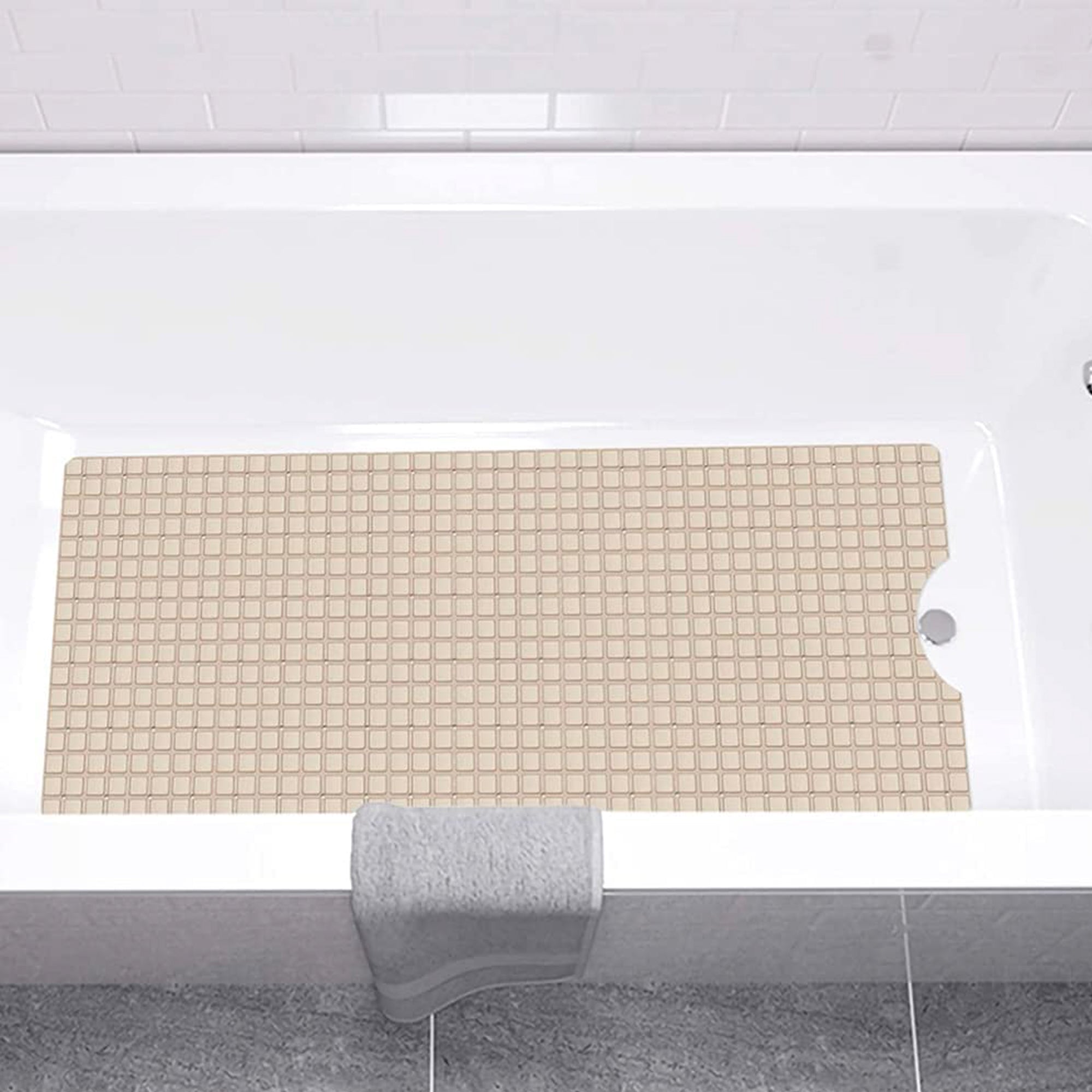 Front view of Elegant 40" Beige Geometric Non-Slip Bath Mat by Homeroots
