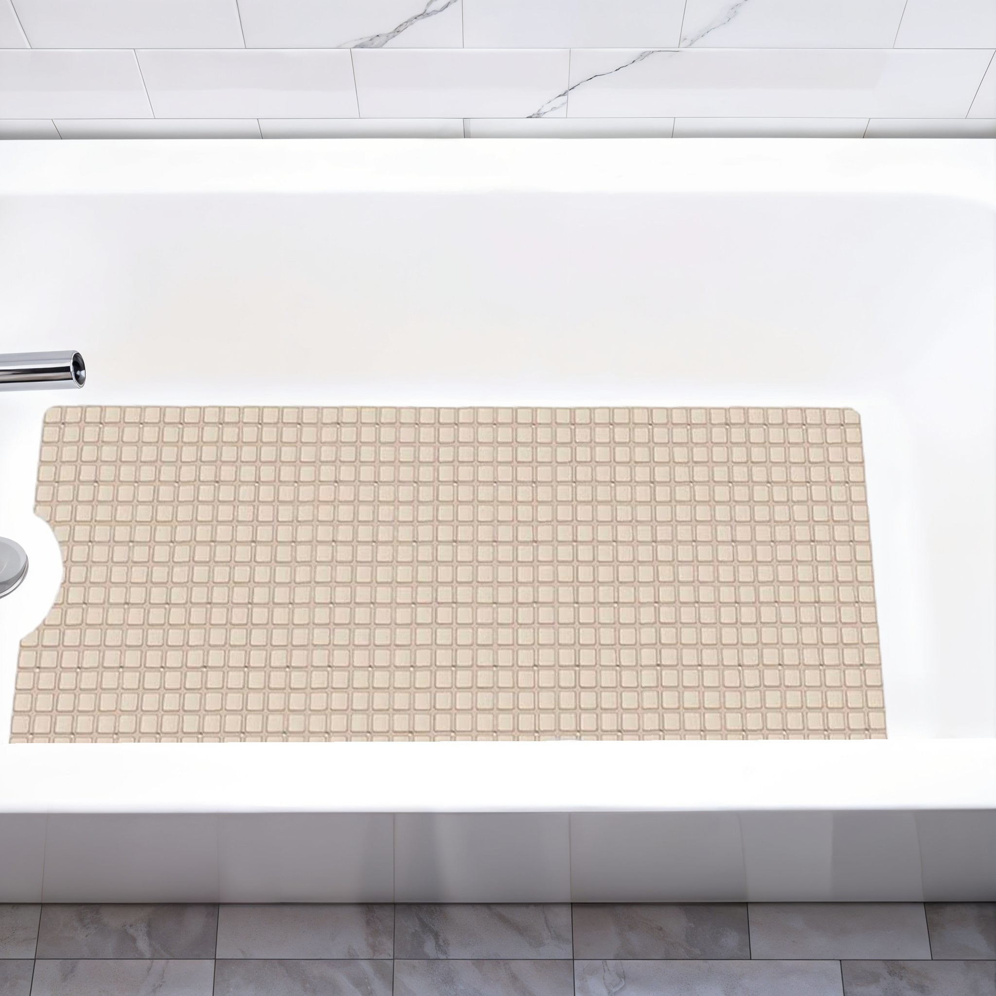 Side view showcasing the thickness of the Beige Geometric Non-Slip Bath Mat by Homeroots