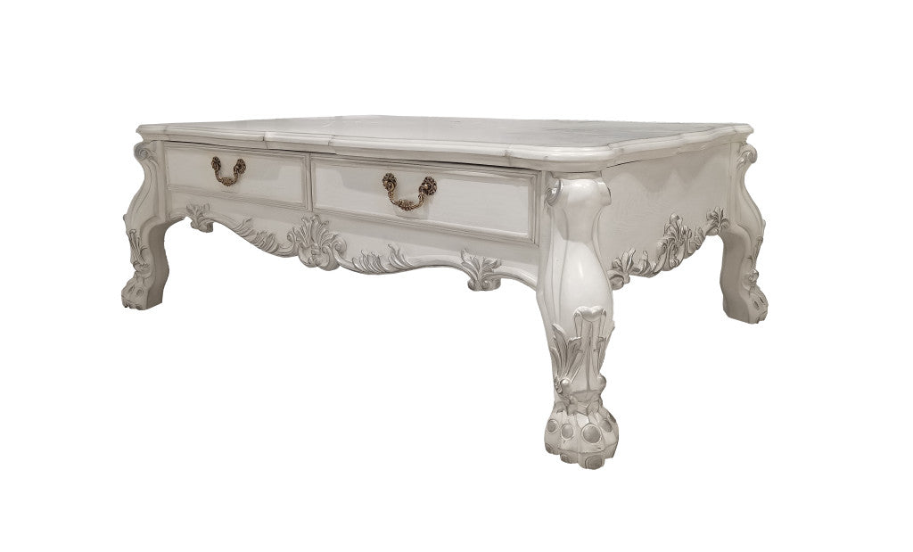 Elegant 57-Inch Bone Wood Coffee Table with two drawers and decor