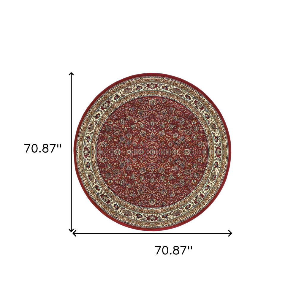 6' Ivory Red and Light Brown Oriental Round Rug