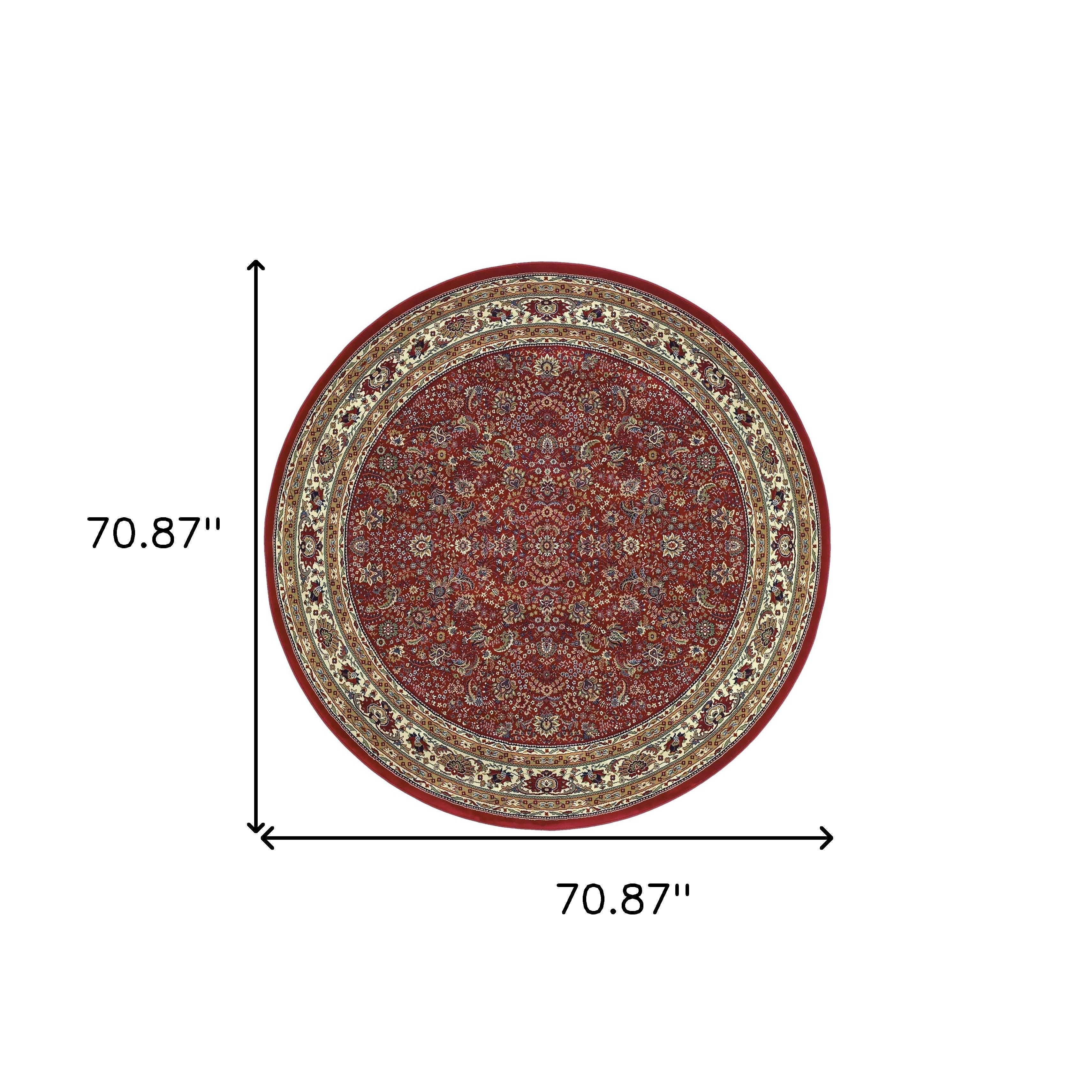 6' Ivory Red and Light Brown Oriental Round Rug