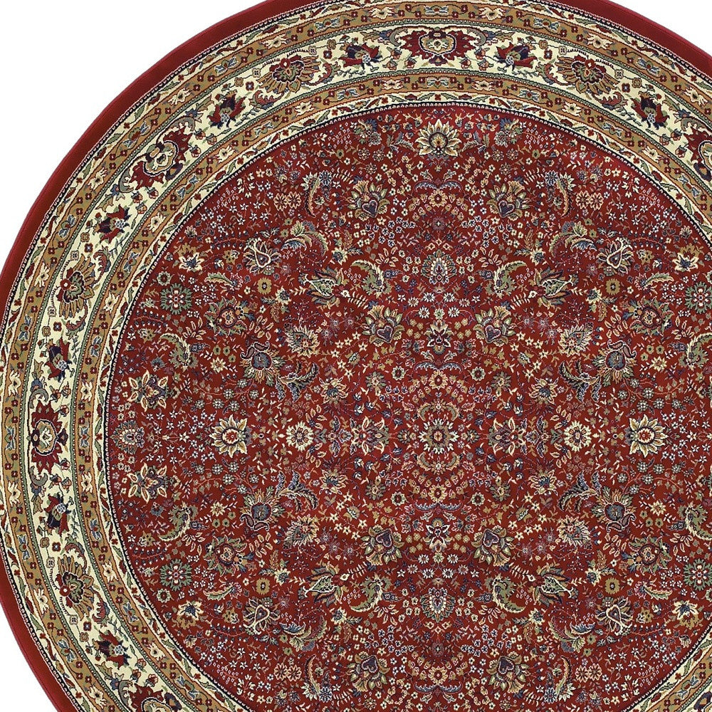 6' Ivory Red and Light Brown Oriental Round Rug