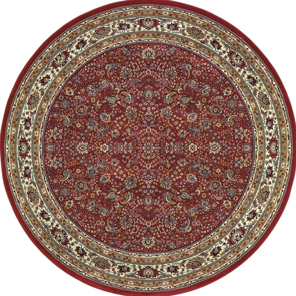 6' Ivory Red and Light Brown Oriental Round Rug