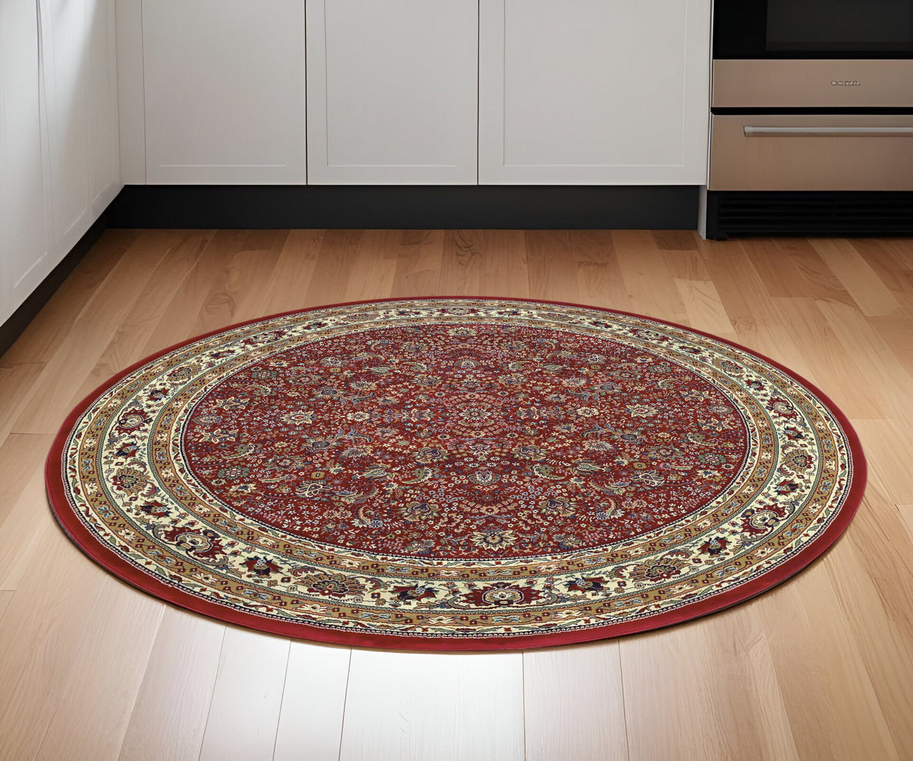 6' Ivory Red and Light Brown Oriental Round Rug