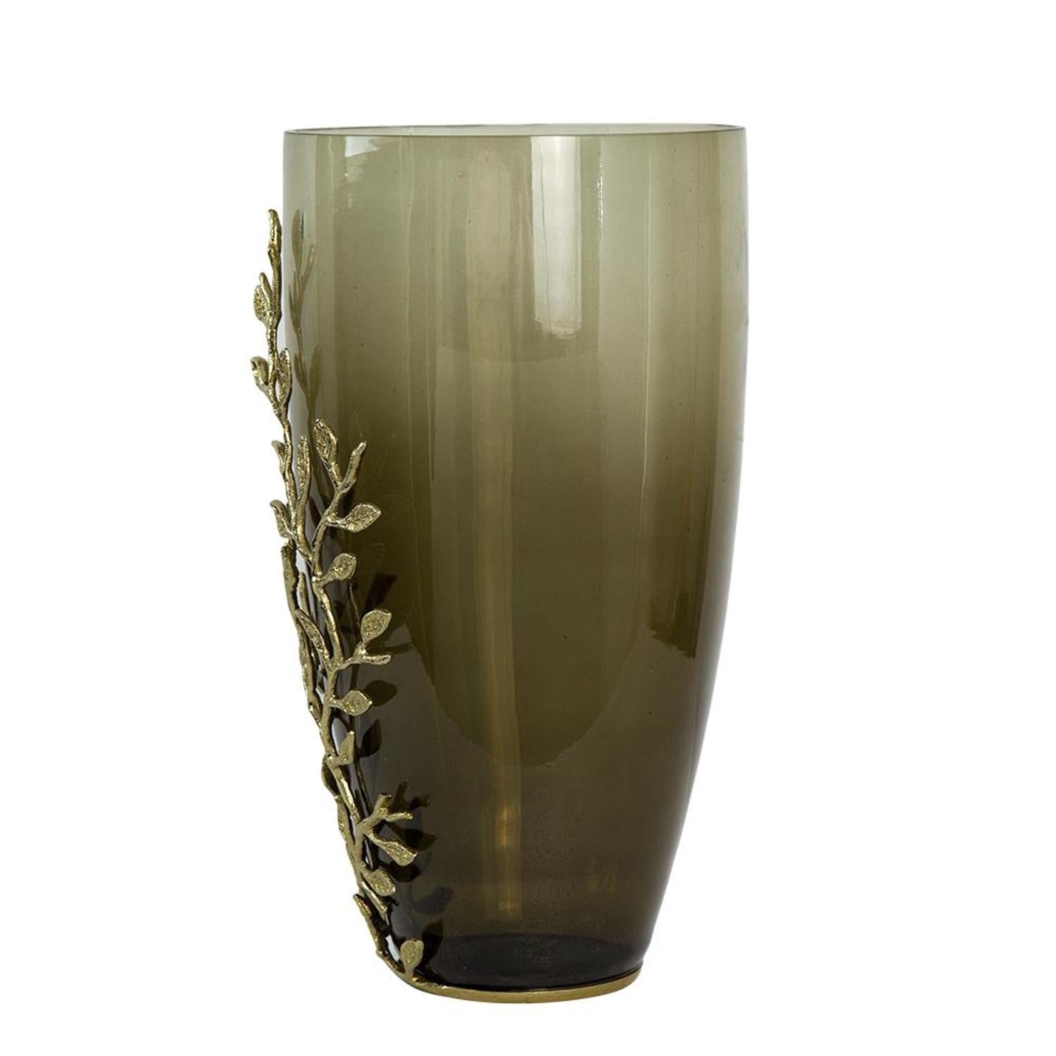 15" Green And Gold Leaf Round Glass Table Vase