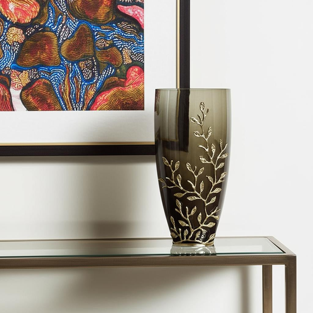 15" Green And Gold Leaf Round Glass Table Vase