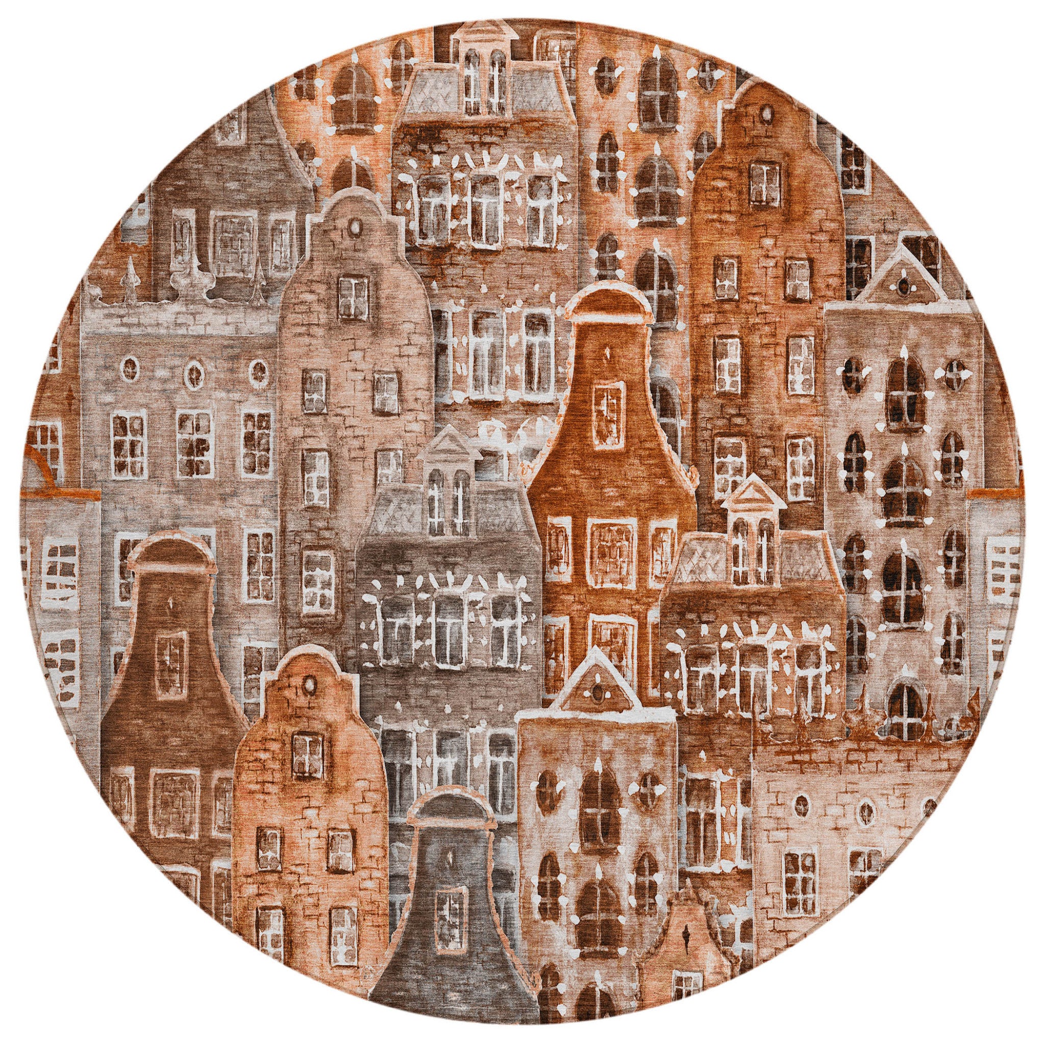 Top view showcasing the geometric design of the 8' Round Village Houses Rug