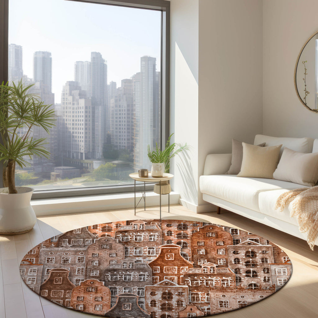 Colorful 8' Round Village Houses Rug in a cozy children's play area