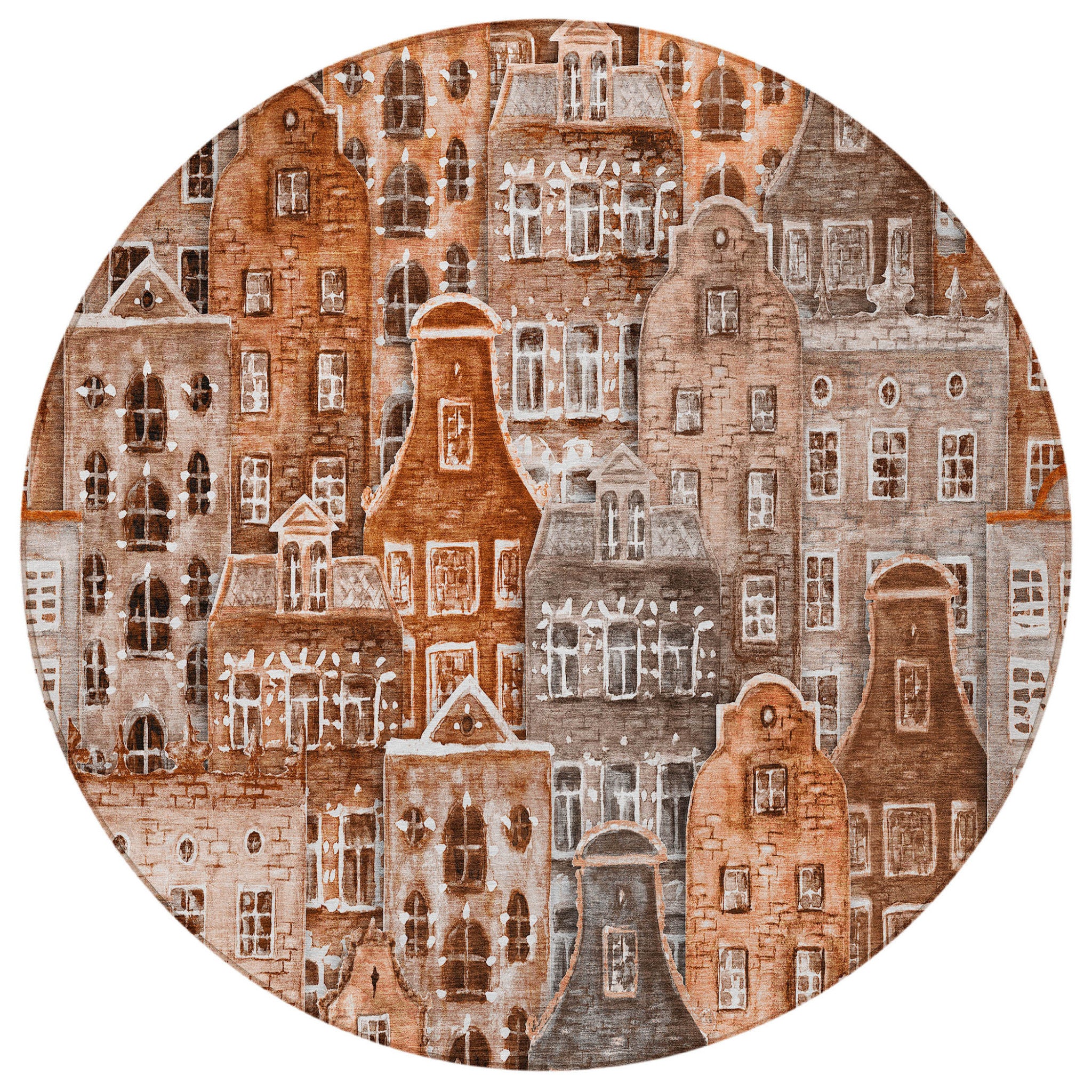 8' Round Village Houses Rug displayed on a patio setting for outdoor use