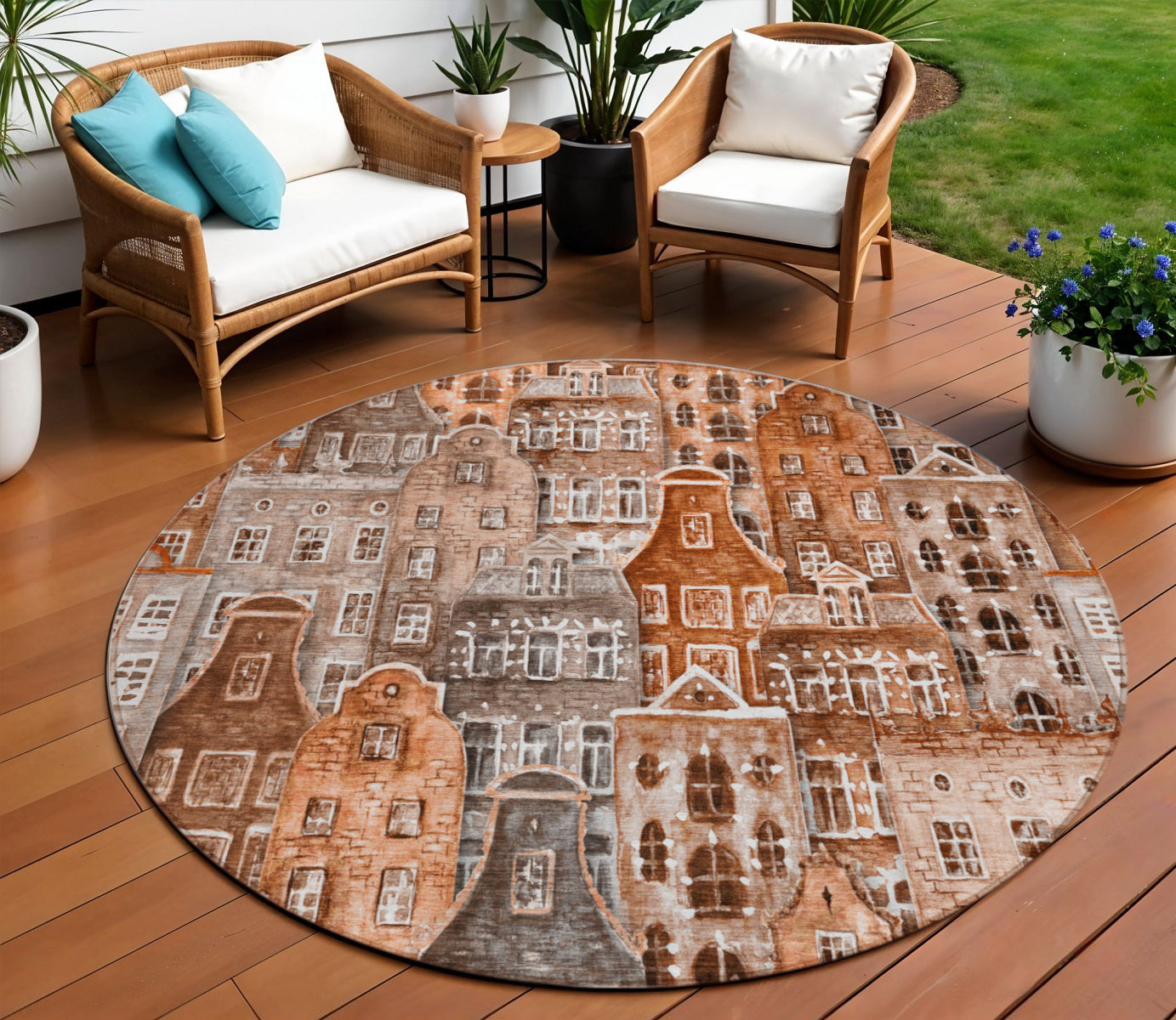 Front view of 8' Round Village Houses Rug in orange and copper by Homeroots