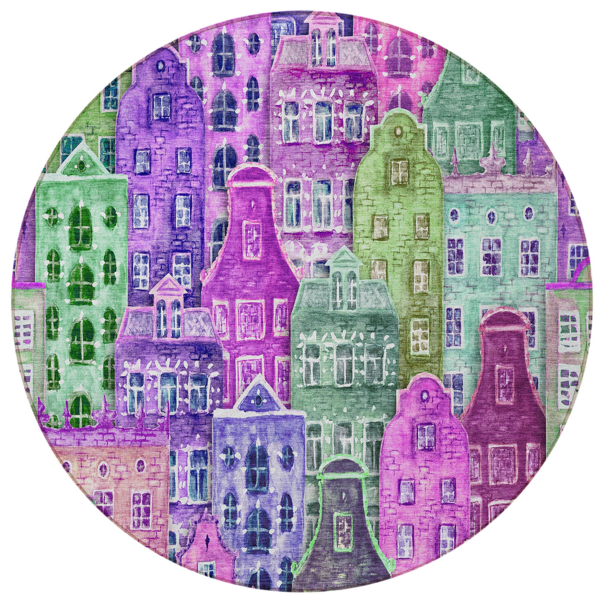 8' Purple Lilac And Green Round Village Houses Washable Indoor Outdoor Area Rug