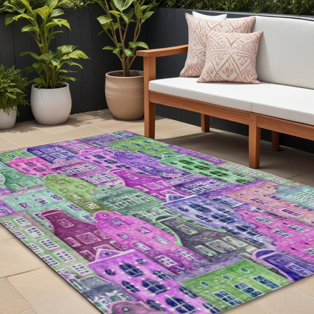 8' X 10' Purple Lilac And Green Village Houses Washable Indoor Outdoor Area Rug