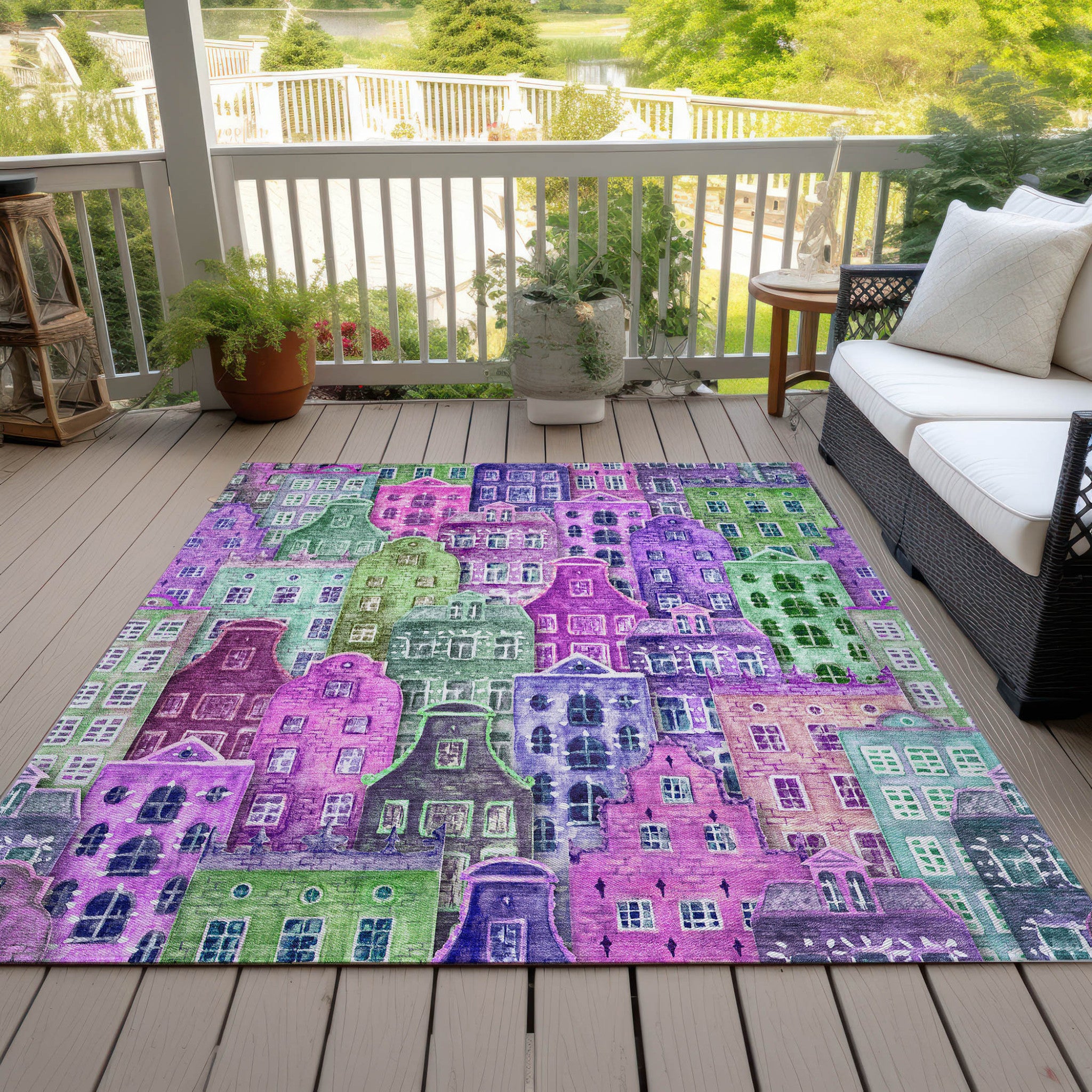 8' X 10' Purple Lilac And Green Village Houses Washable Indoor Outdoor Area Rug