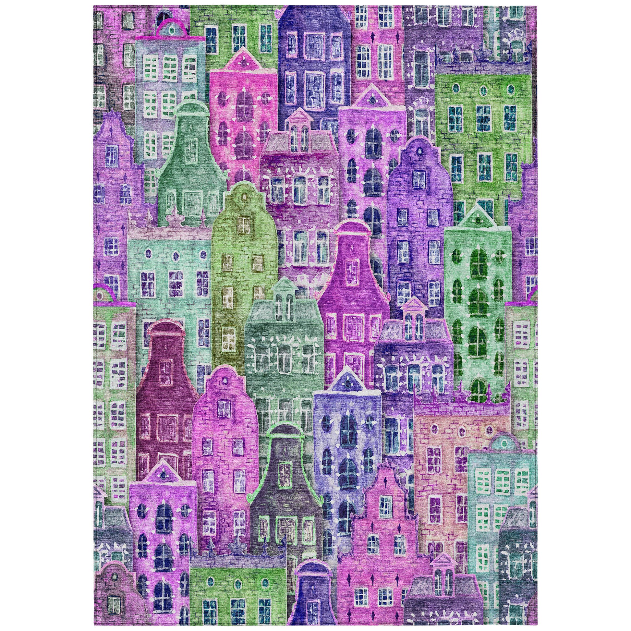 8' X 10' Purple Lilac And Green Village Houses Washable Indoor Outdoor Area Rug