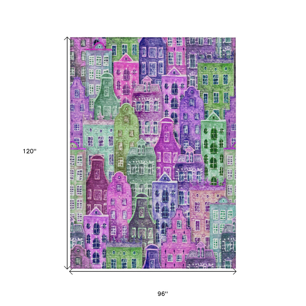 8' X 10' Purple Lilac And Green Village Houses Washable Indoor Outdoor Area Rug
