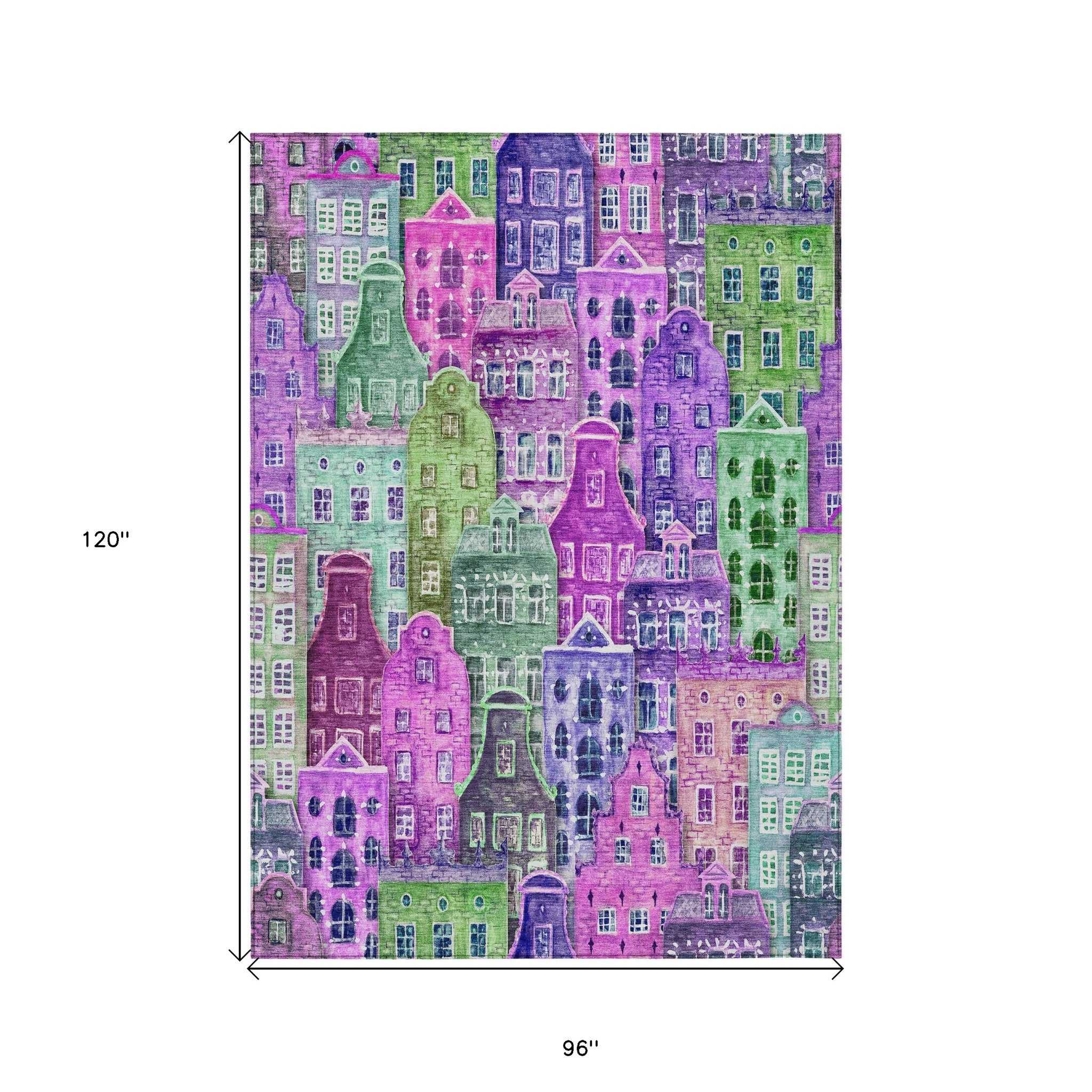 8' X 10' Purple Lilac And Green Village Houses Washable Indoor Outdoor Area Rug