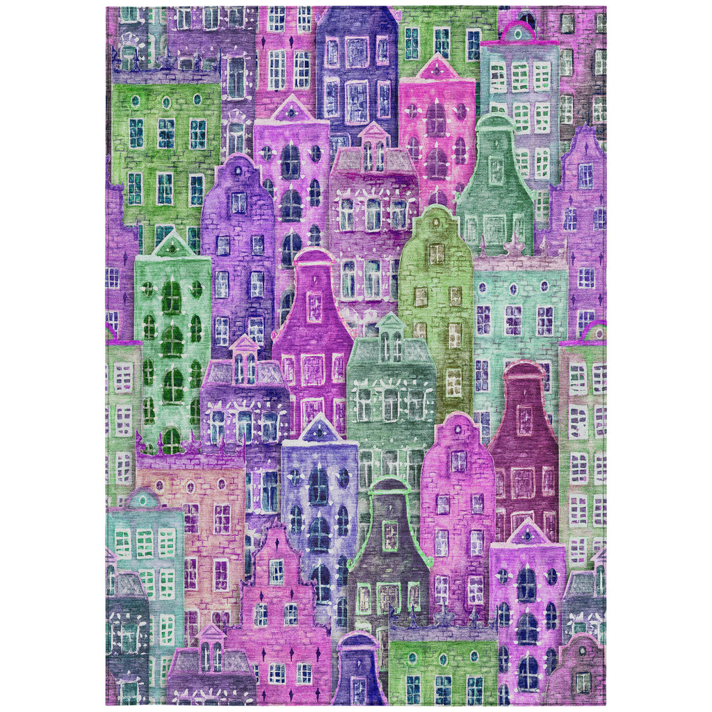 8' X 10' Purple Lilac And Green Village Houses Washable Indoor Outdoor Area Rug