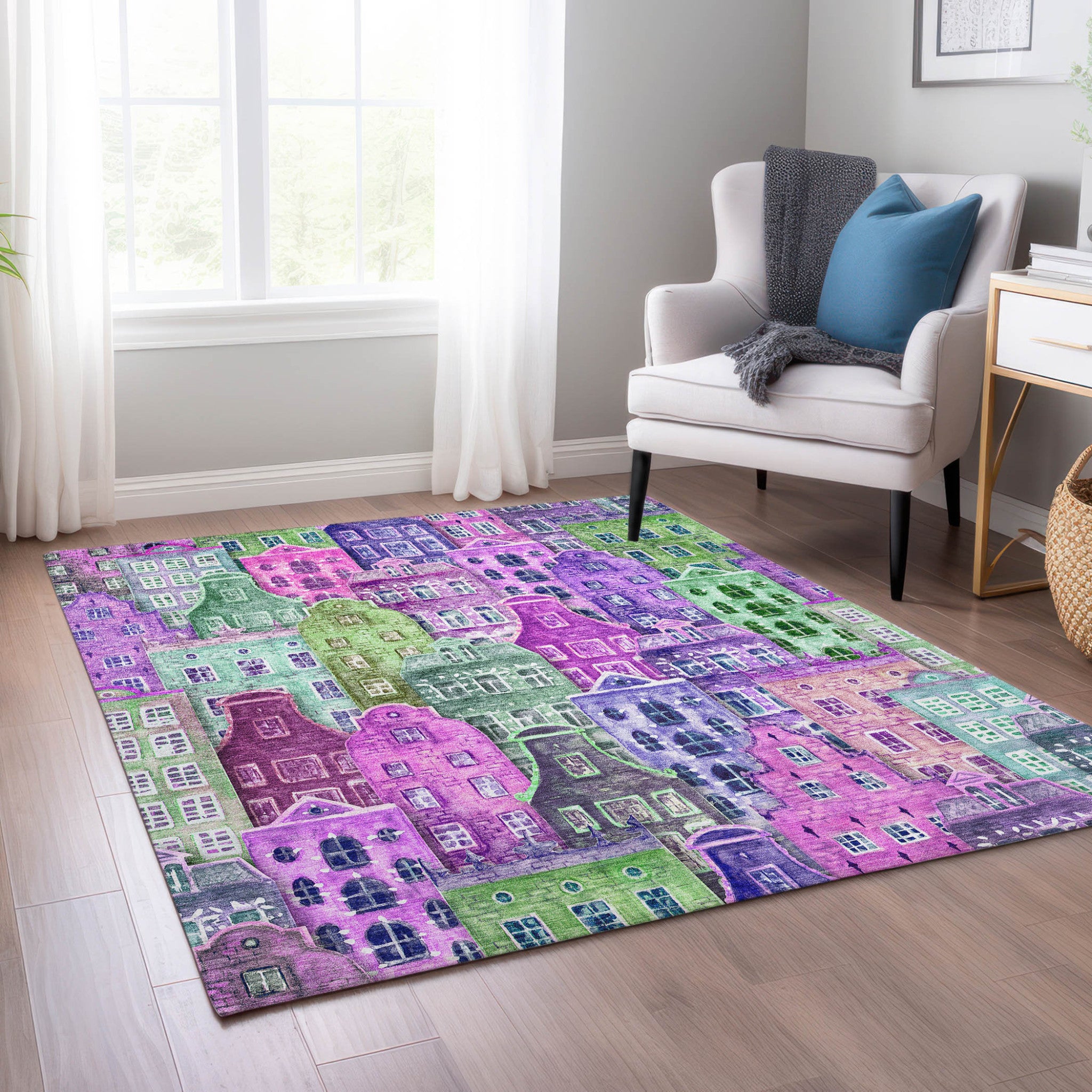 8' X 10' Purple Lilac And Green Village Houses Washable Indoor Outdoor Area Rug