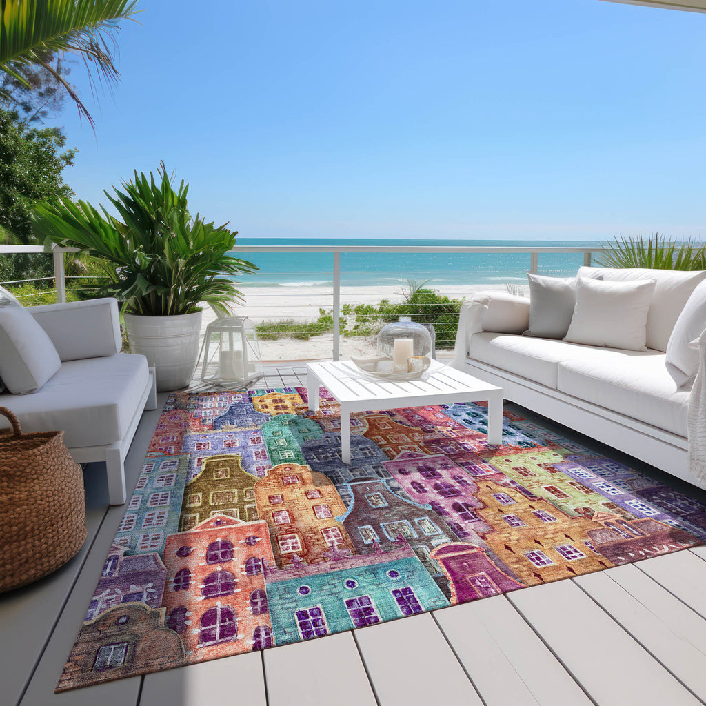 5' X 8' Red Gold And Teal Blue Village Houses Washable Indoor Outdoor Area Rug