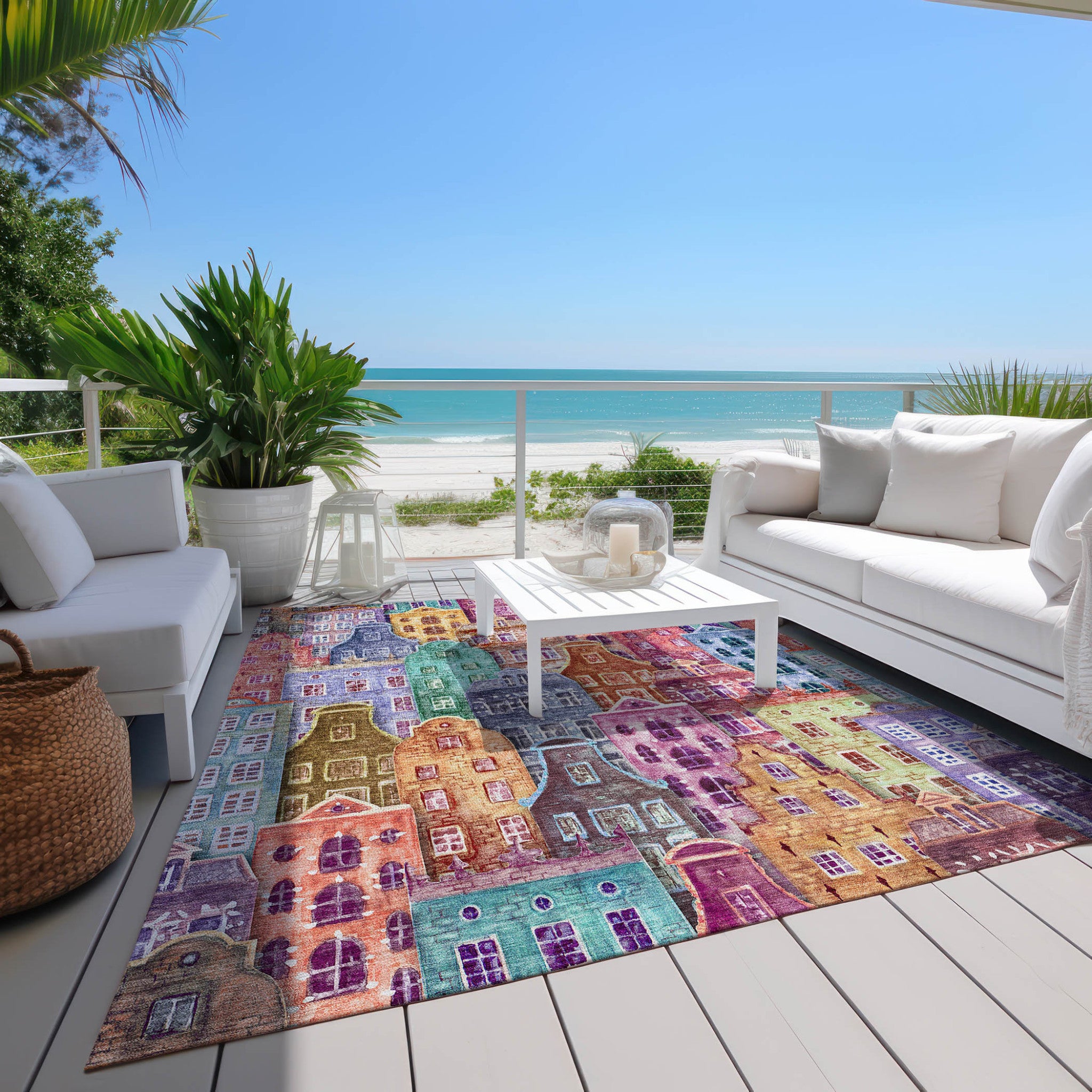 5' X 8' Red Gold And Teal Blue Village Houses Washable Indoor Outdoor Area Rug