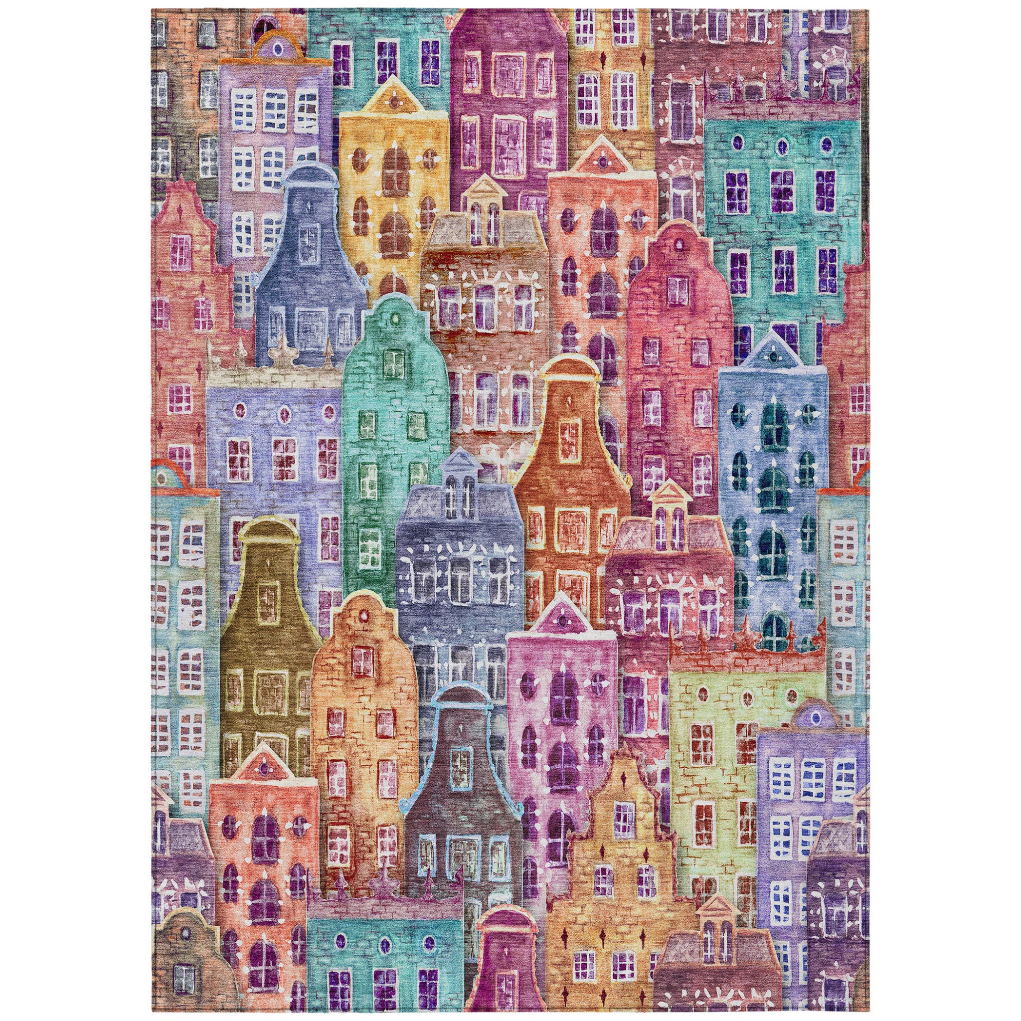 5' X 8' Red Gold And Teal Blue Village Houses Washable Indoor Outdoor Area Rug