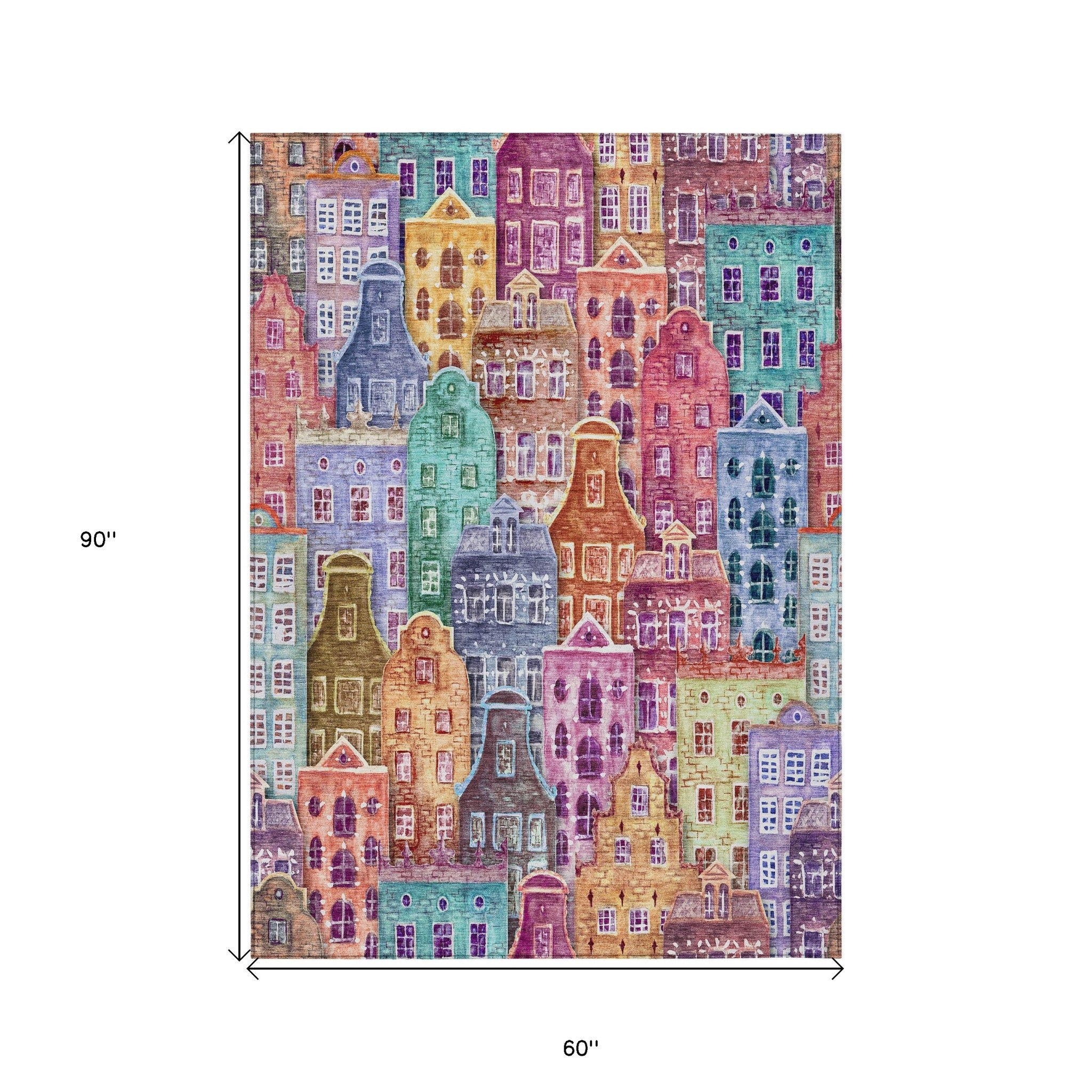 5' X 8' Red Gold And Teal Blue Village Houses Washable Indoor Outdoor Area Rug