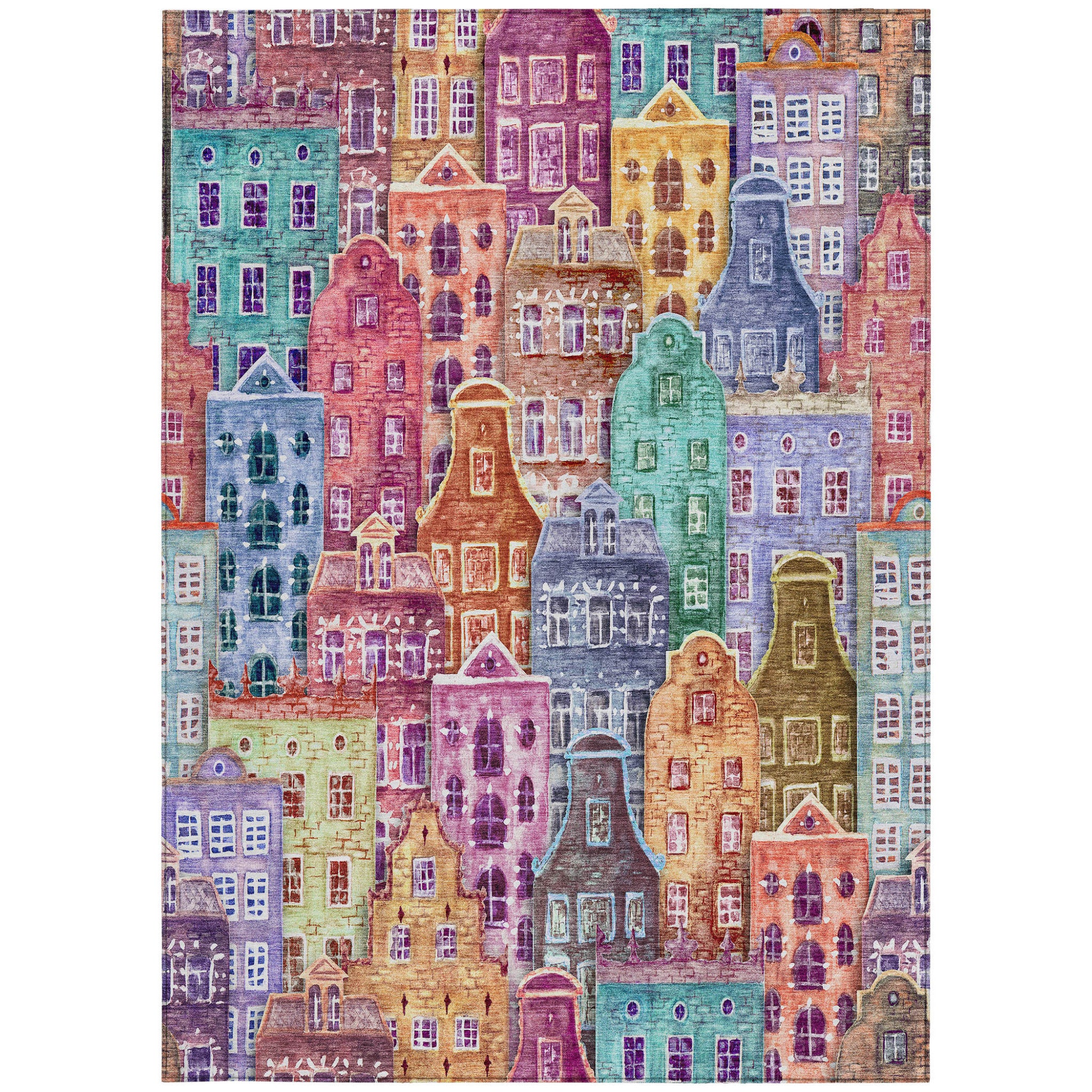 8' X 10' Red Gold And Teal Blue Village Houses Washable Indoor Outdoor Area Rug