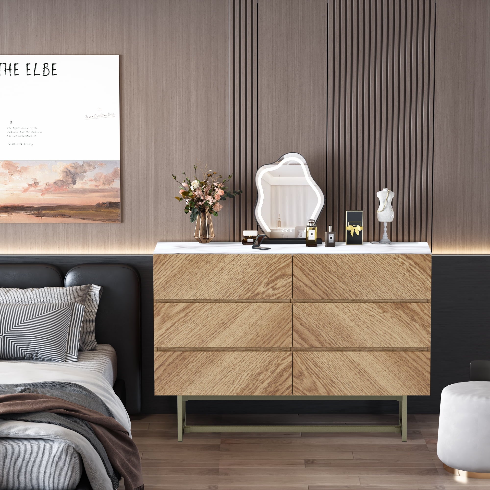 Top view of 47-Inch Brown Six Drawer Dresser with morning essentials