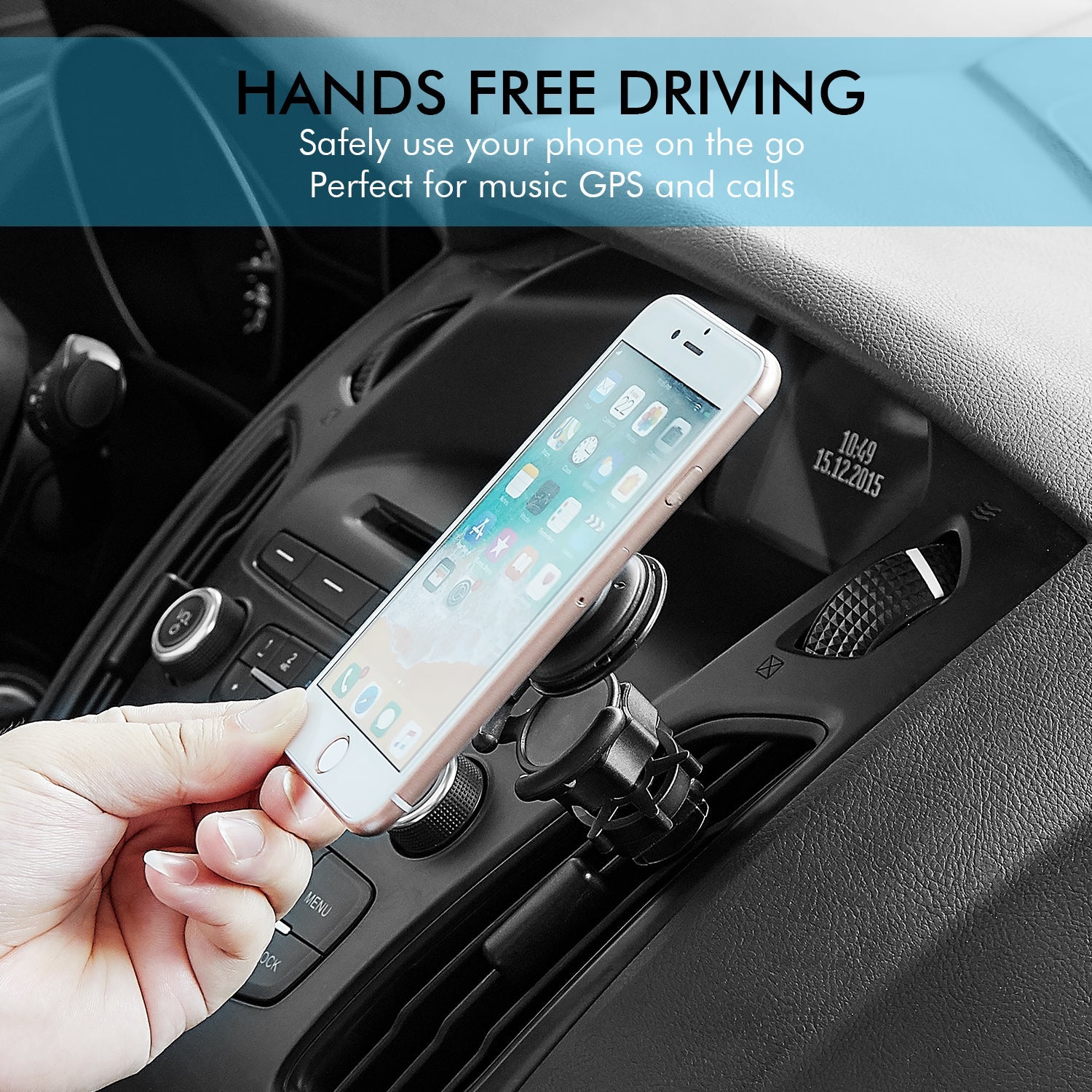 Side angle of 360° Adjustable Air Vent Phone Holder in car setting