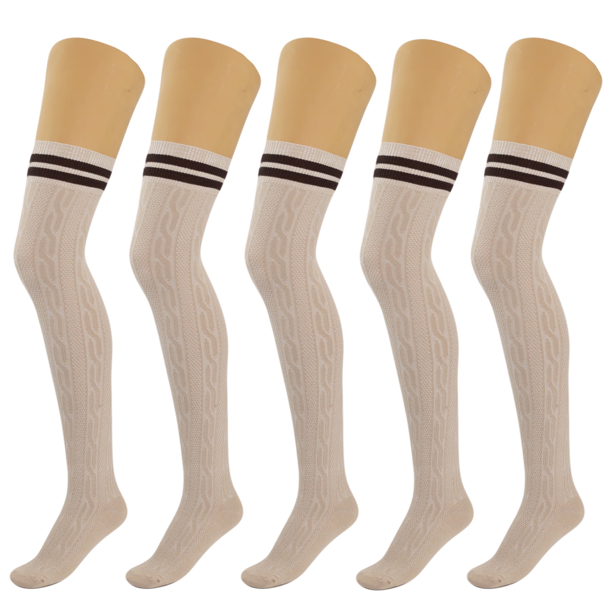 Elegant display of 5 pairs of Thigh-High Cotton Socks in various colors