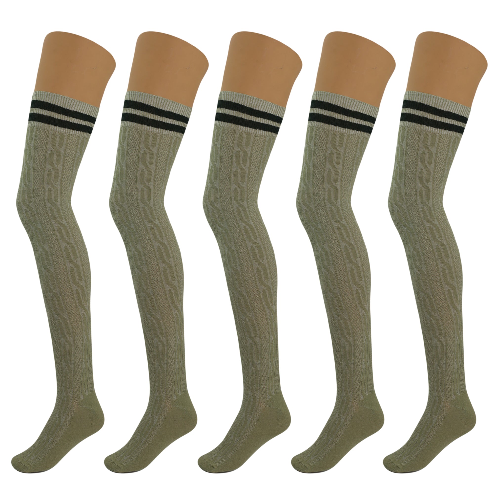 Side view showcasing the cable-knit design of Women's Thigh-High Socks