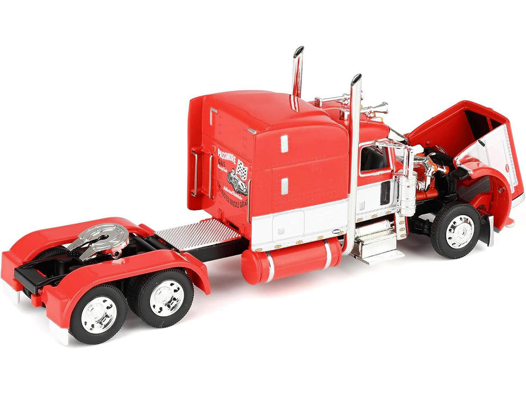 Side angle of Peterbilt 389 Diecast Model showcasing vibrant red and white colors