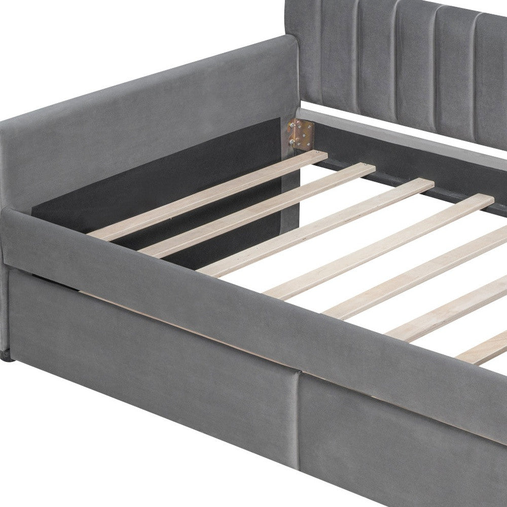Detail of headboard design on Gray Upholstered Twin Bed Frame with Drawers