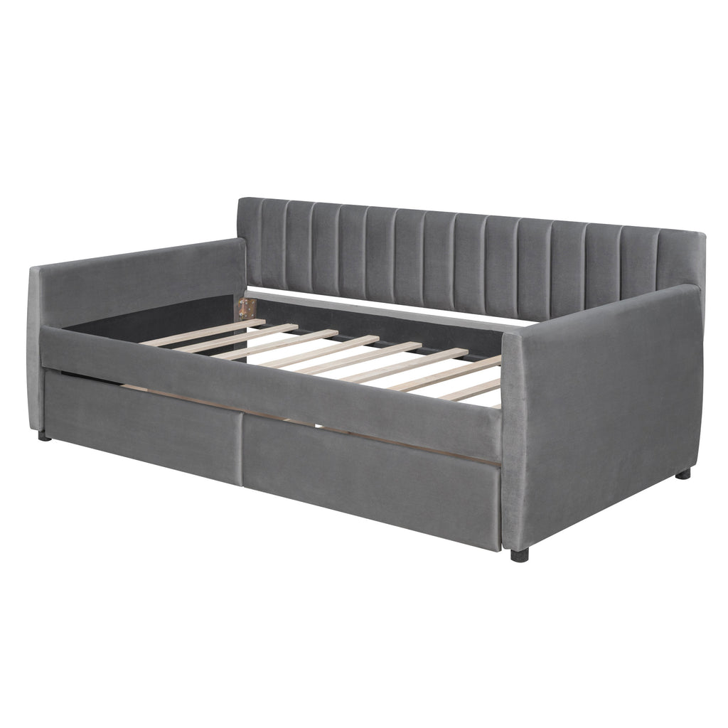 Gray Upholstered Twin Bed Frame with Drawers styled with bedding and pillows
