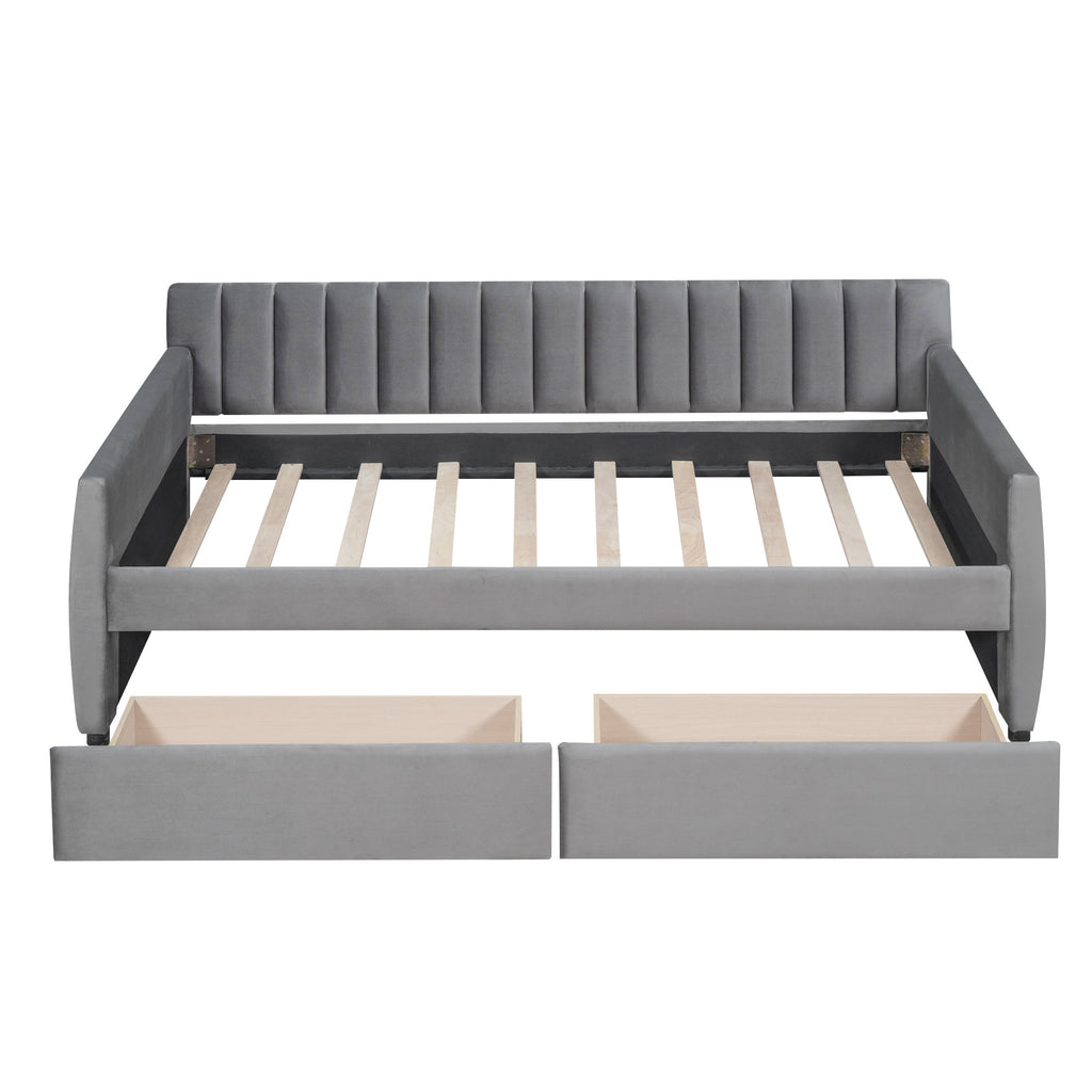Front view of Gray Upholstered Twin Bed Frame with Drawers by Homeroots