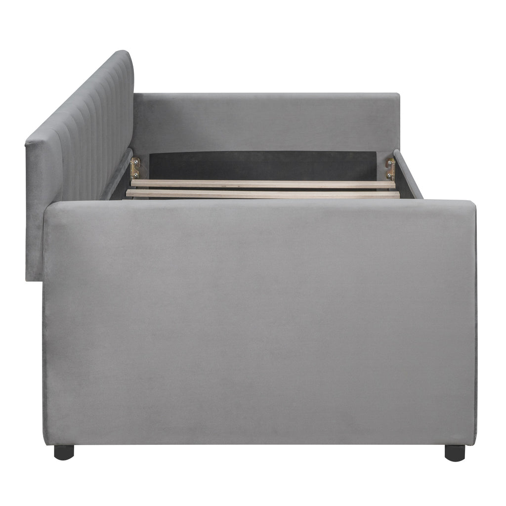 Underneath storage drawers of Gray Upholstered Twin Bed Frame by Homeroots