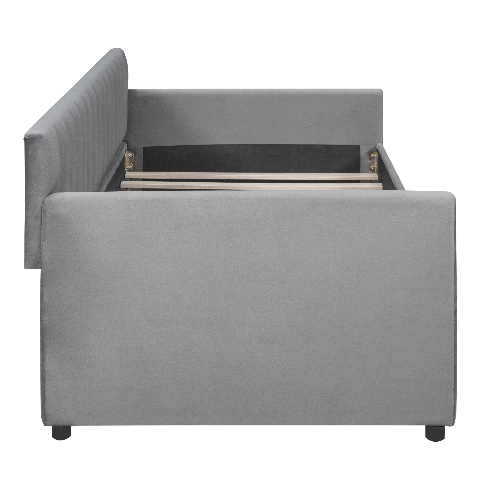 Underneath storage drawers of Gray Upholstered Twin Bed Frame by Homeroots