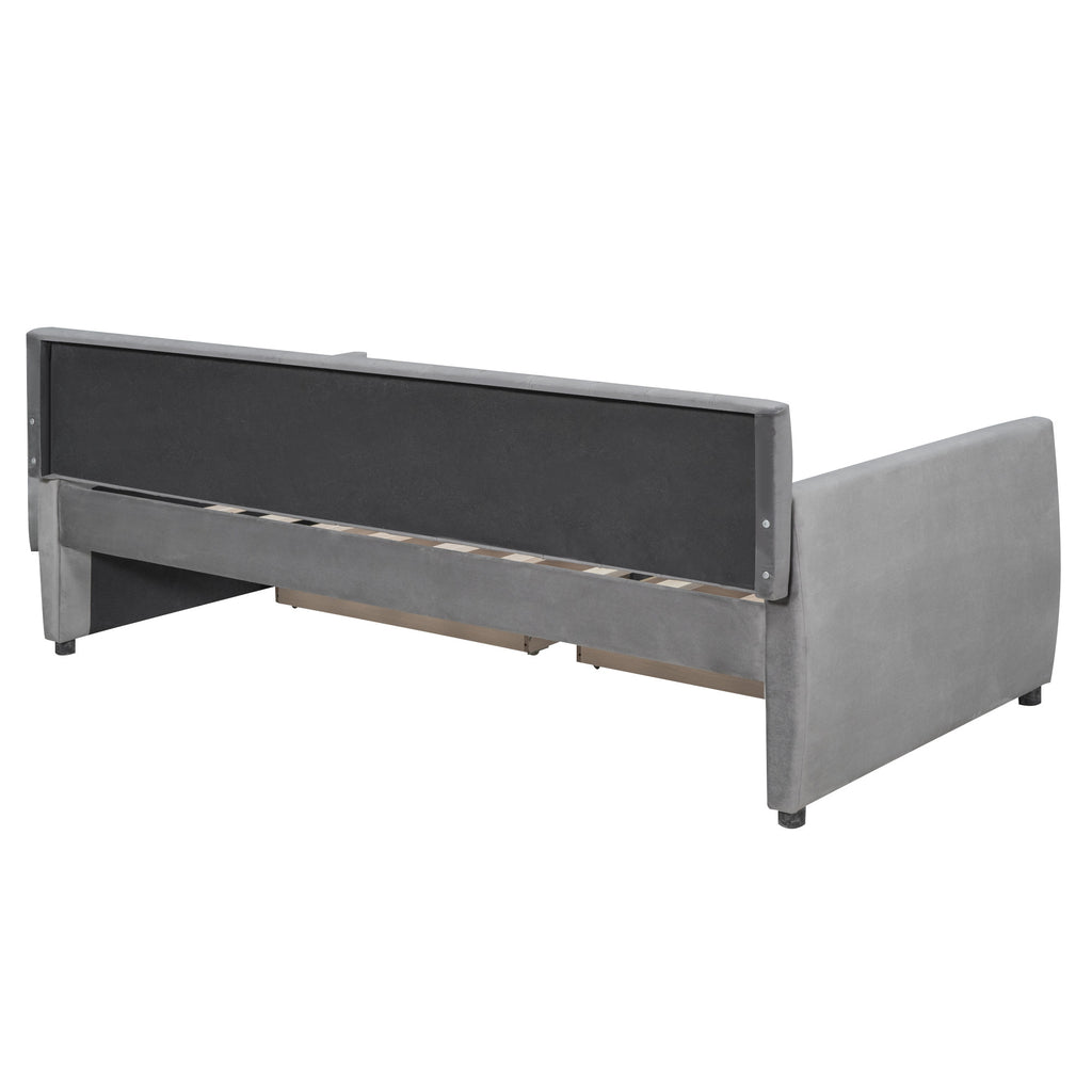 Side angle of Gray Upholstered Twin Bed Frame with Drawers showcasing storage